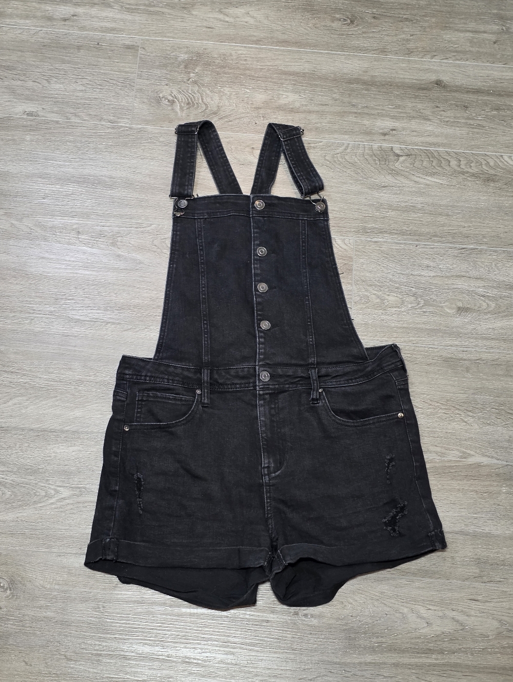 Distressed Jean Shorts Overalls Womans Sz 11 Stretch No Boundaries Black